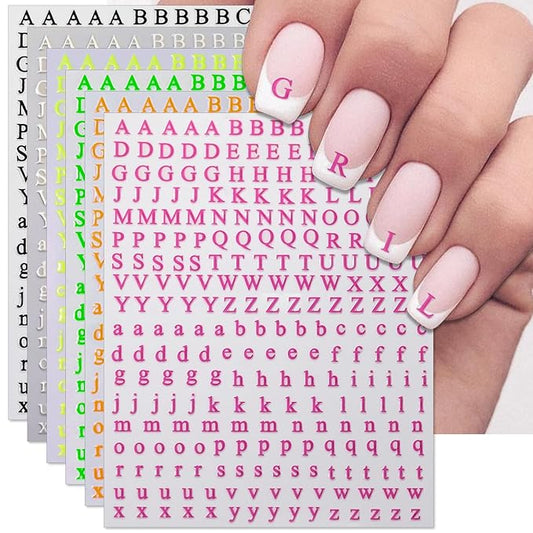 Letter Nail Art Stickers - 3D English Alphabet Nail Decals for DIY Part of Fluorescence Acrylic Manicure Holographic Nail Decorations(6 Sheets)
