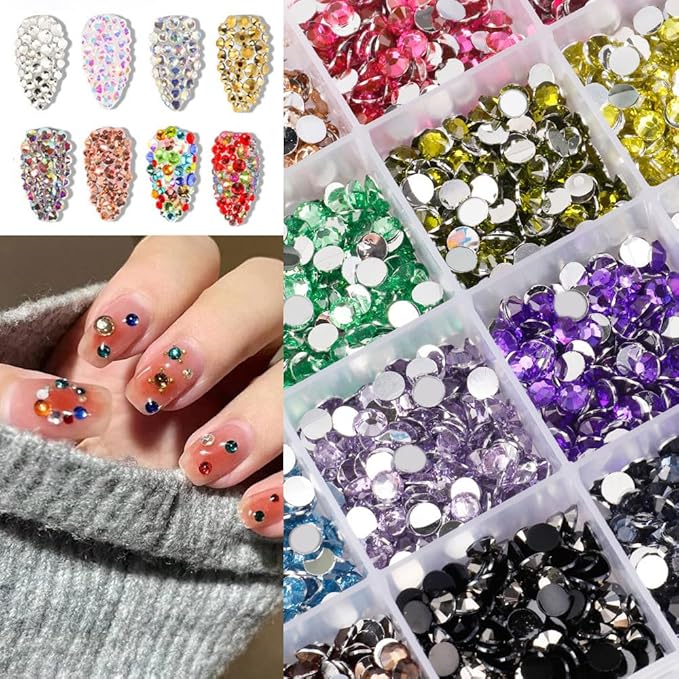 24000Pcs Nail Art Rhinestones, BetterJonny 24 Colors 3mm Round Nail Flatback Rainbow Gems Set with Tweezers and Pencil AB Glitter Flat-Bottomed Rhinestone for Crafts Decoration and Jewelry Making