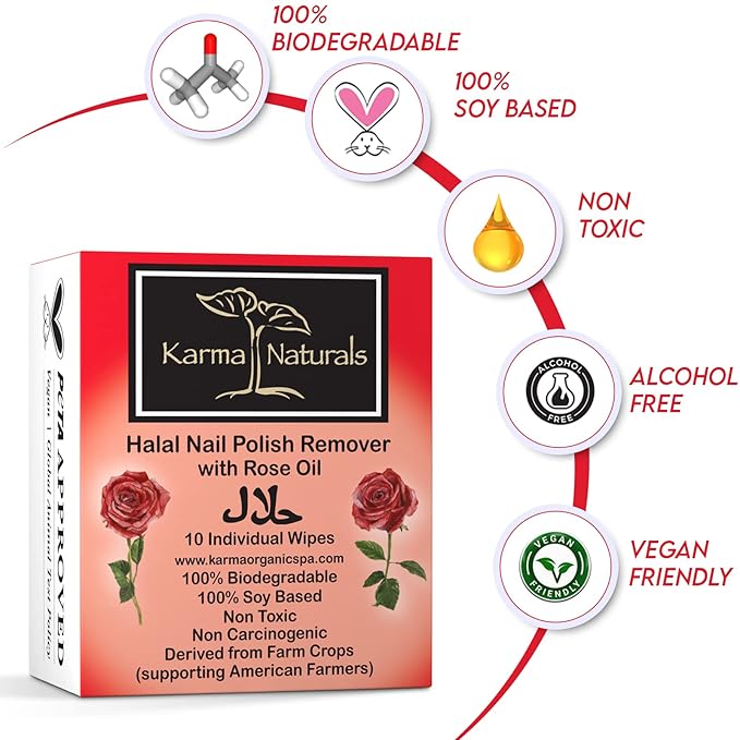 Karma Halal Nail Polish Remover Wipes with Rose Oil; Non-Toxic, Vegan, Cruelty-Free – Pack of 10
