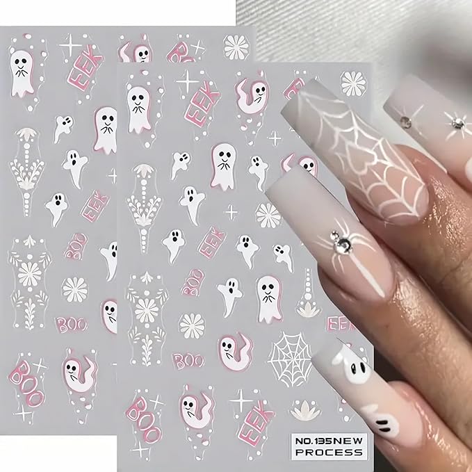 2Pcs Halloween Nail Art Stickers 5D Embossed Halloween Ghost Nail Decals Cute Ghost Spider Web Totem Pattern Designs Self Adhesive Horror Nail Supplies for Women Manicure Tip Decorations Accessories