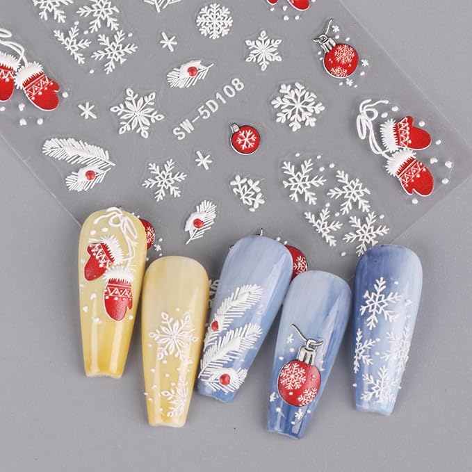 5D Embossed Christmas Nail Stickers for Nail Art - Lantern Nail Art Stickers Xmas Glove Snowflakes Nail Decals Cartoon Feather Nail Supplies for Women DIY Manicure Decorations 2 Sheets
