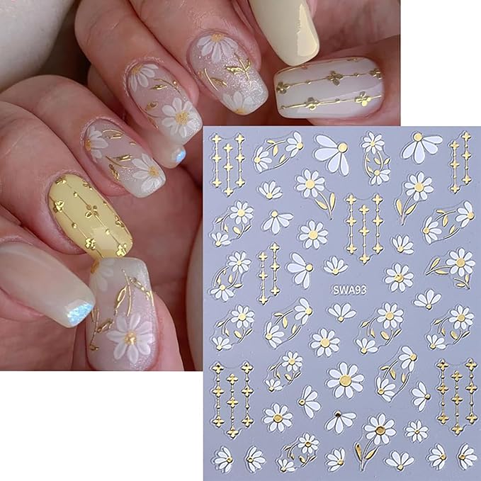 6 Sheets Flower Nail Stickers for Nail Art Pink Purple White Flowers Nail Decals French Line Bow Nail Art Stickers 3D Self-Adhesive Leaf Daisy Nail Decoration for Women Girls Nail Design Supplies