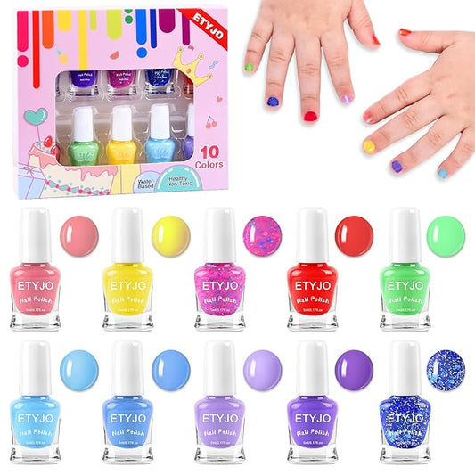 Kids Nail Polish - Water-Based Nail Polish 10 Colors Toddler Nail Polish Kit, Non-Toxic, Quick Dry, Peel Off, DIY Nail Polishs Gifts Kit for Girls Ages 3+