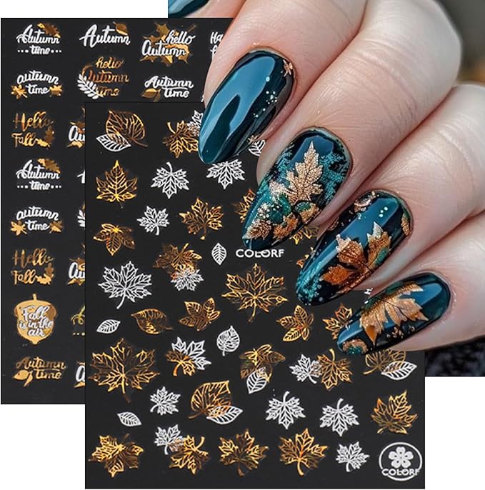 9 Sheets Bronzing Fall Nail Art Stickers 3D Glitter Metallic Maple Leaf Nail Stickers Autumn Laser White Gold Leaves Flower Nail Designs Thanksgiving Holiday Sticker for Women Manicure Tips