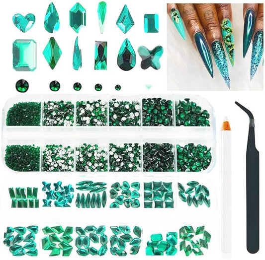 2680Pcs Emerald Green Nail Rhinestones, 120Pcs Big Glass Green Diamond Nails Gem Stones with Bling Flatback Round Beads, Clear Nail Art Charms Jewelry for Face DIY Decoration with PickTool