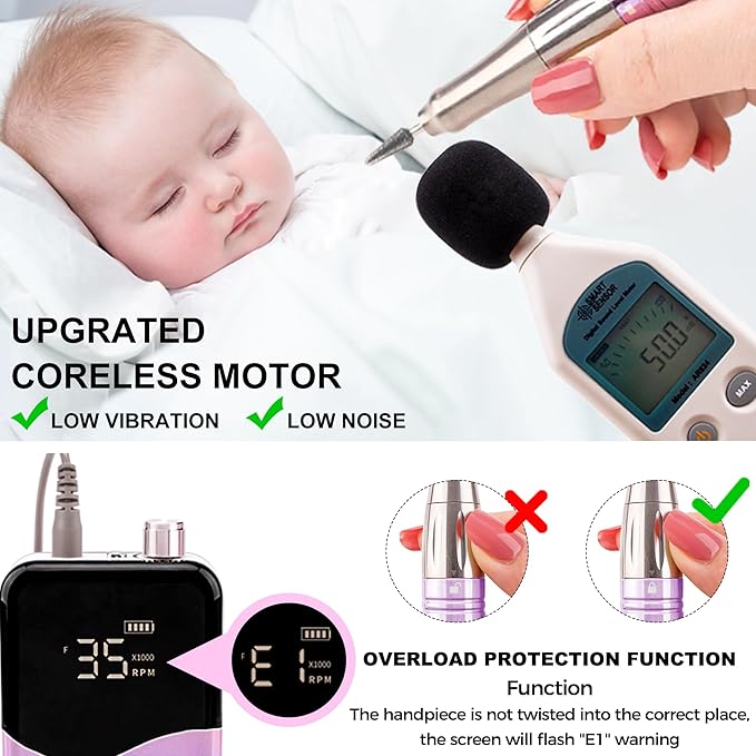 M Mase- Professional Nail Drill Machine - Coreless 2-in-1 Nail File - Electric, Cordless, 35000 RPM, HD Display - Electric Nail Drill for Professional & Home Use (Gold)