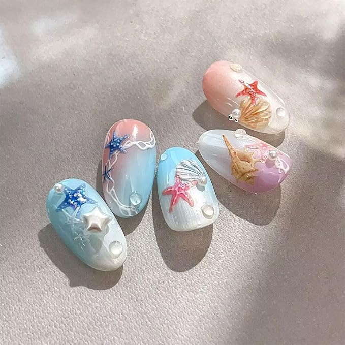 2 Sheets Summer Nail Art Stickers Ocean Theme Nail Decals Self-Adhesive Fish Shell Starfish Nail Design Stickers 5D Embossed Nail Supplies for Women Nail Art Decorations