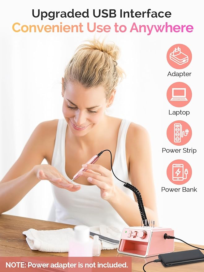 Electric Nail Drill Machine, Professional Electric Nail File for Dip Powder Nail Filer, Efile Manicure and Pedicure Tools with Storage Nail Accessories Function for Grinding Polishing Trimming，Pink