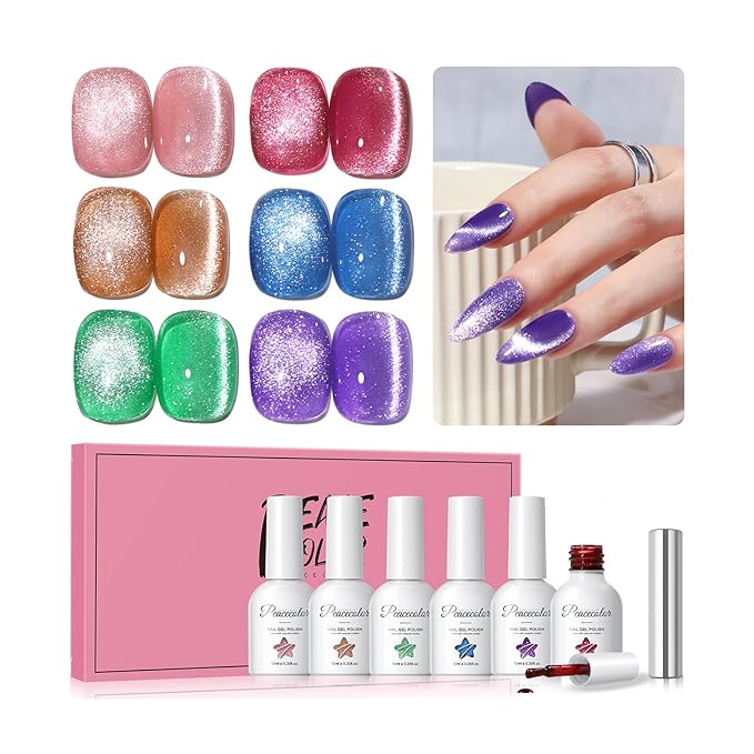 PEACECOLOR Cat Eye Gel Nail Polish Set, Blue Green Purple Red Neon 6 Colors Magnetic Jelly Gel Polish Colors Women Home Salon DIY Nail Art Design