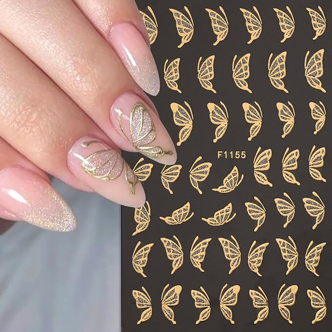 8 Sheets Fall Maple Leaf Nail Art Stickers Decals Gold French Tip Nails Stickers Butterfly Nails Decal Self-Adhesive Flower Nail Art Decal for Women Manicure Decor