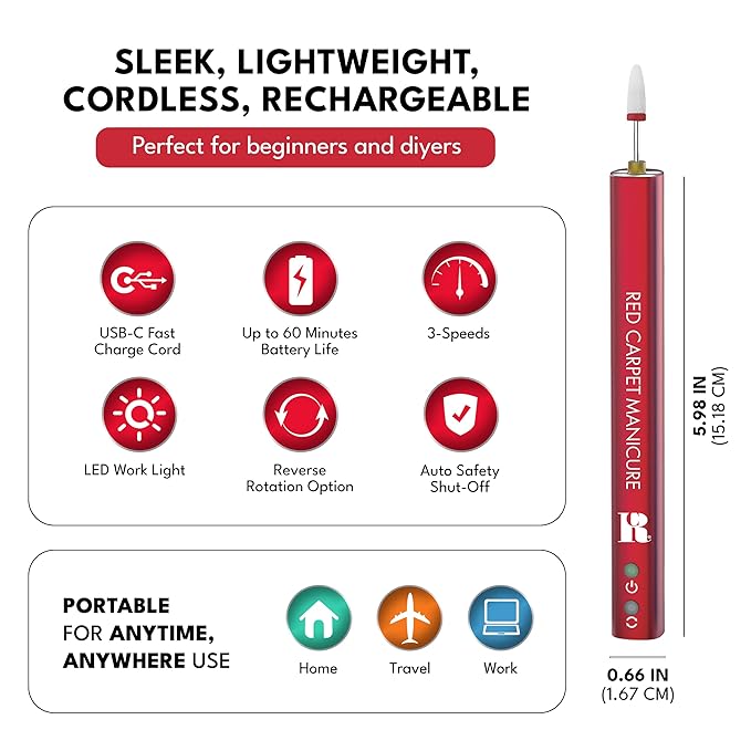 RC Red Carpet Manicure E-File Electric Nail File - Lightweight, Portable Nail Drill, Shaping, Filing, Gel Removal - 12 Interchangeable Bits & 6 Sanding Bands.