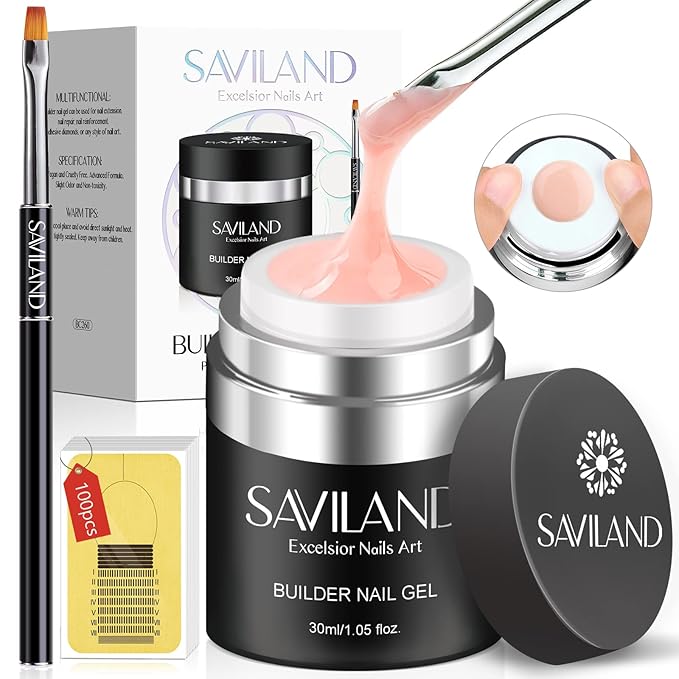 SAVILAND Builder Nail Gel Kit, Nudes Pink Hard Gel Nail Extension with Air Cushion Design, Base and Strengthener Builder with 100pcs Forms and Acrylic Brushes