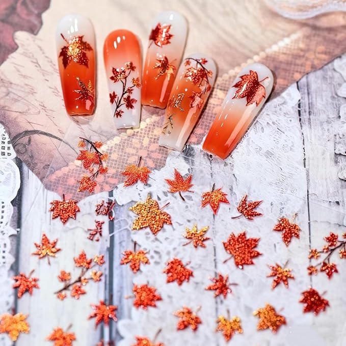 5D Embossed Fall Nail Sticker Maple Leaves Nail Art Sticker Self Adhesive Nail Decals Thanksgiving Nail Art for Women Girls Manicure Supplies Nails Art Decorations