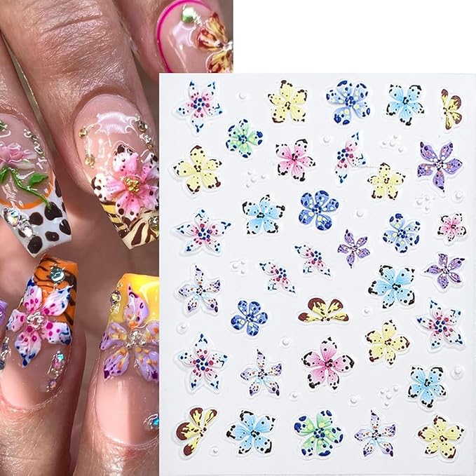 6 Sheets 5D Embossed Nail Art Stickers Colour Hibiscus Nail Decals Self-Adhesive Cute Floral Nail Decor Hawaiian Hibiscuss Flower Nail Design Stickers Summer Nails Supply for Women DIY Manicure