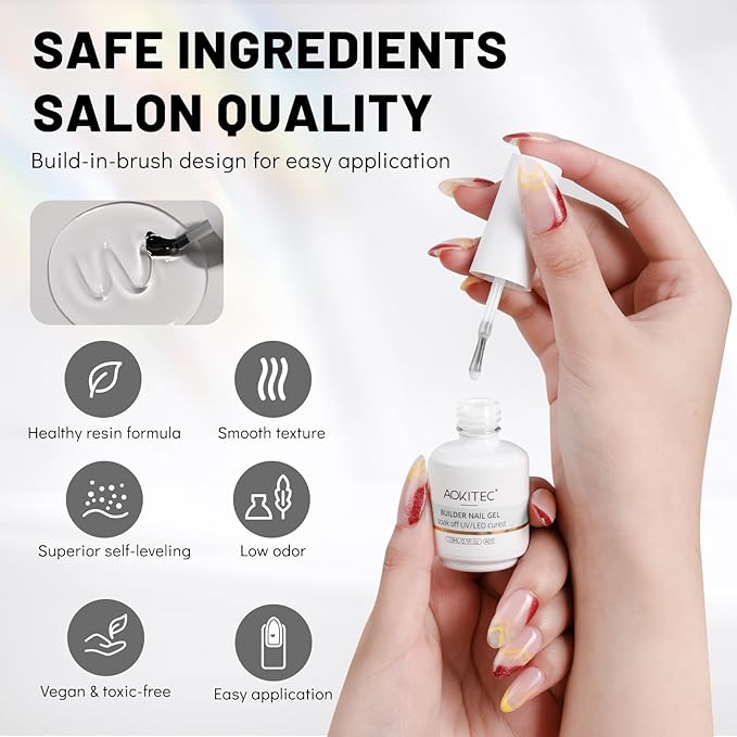 Aokitec Builder Nail Gel, 15ml Clear Gel Builder for Nails 7-in-1 Nail Extension Gel in Bottle Hard Gel for Nail Strengthen & Repair Adheasive Rhinestones Nail Art Design for Nail Salon Home DIY Gift