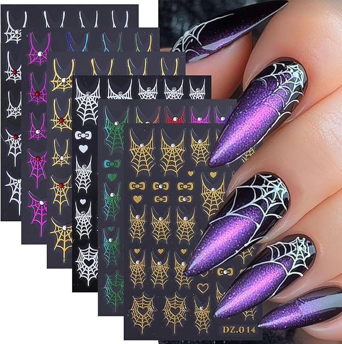 6 Sheets Halloween Nail Art Stickers Decals 3D Self-Adhesive Spider Nail Decals with Rhinestones Designs White Gold Rainbow Bow Spider Web Nails Decorations Holiday Nails Art Supplies for Women Girls