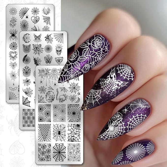 PH PandaHall 3pcs Spider Web Nail Stamping Plates Halloween Nail Art Plates Gothic Skull Nails Image Plates Spooky Cobwebs Patterns Manicure Art Templates for DIY Print Manicures Salon Design