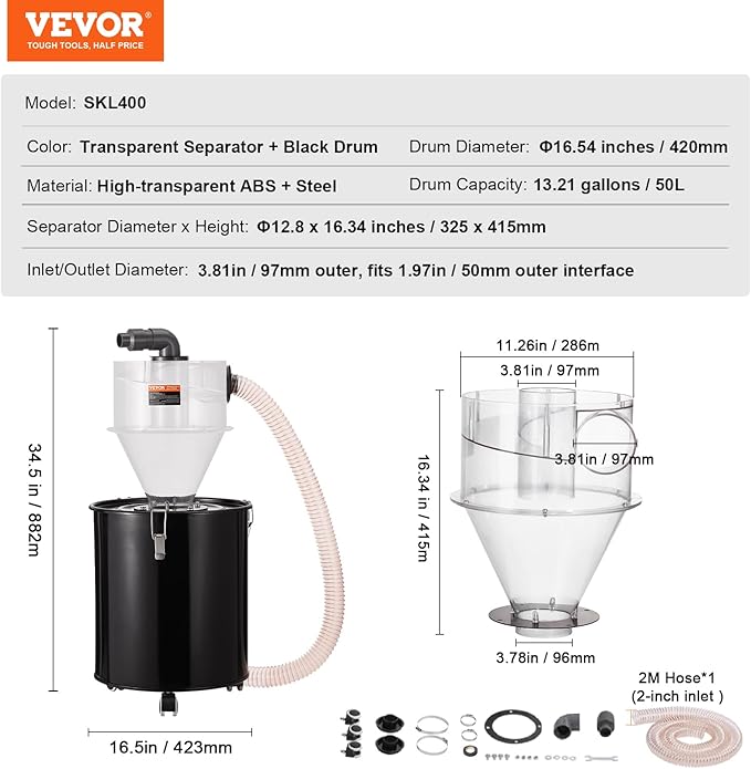 VEVOR Cyclone Dust Separator with Metal Tank, 4" Retrofit Cyclone Separator for Dust Collectors, ABS Material With 2" Hole O.D. Connector & Hose for Wet/Dry Shop Vacuums, Fits 13.21 Gallon Tank