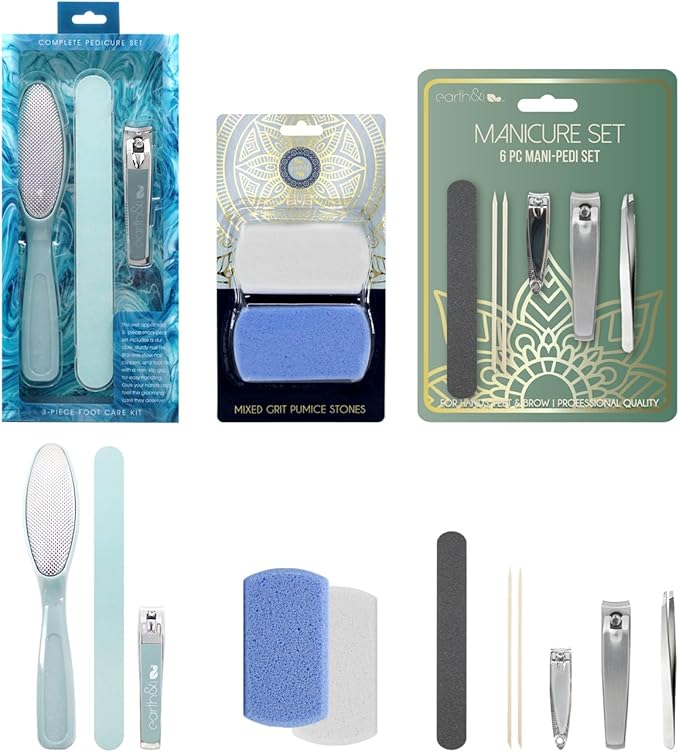 Earth & I Nail Clippers and Pumice Stones for Feet with Manicure Set, Foot Scrubber, Nail File, Nail Clippers, Pedicure Tools for Feet, Pedicure Tools Kit - Ocean Blue - 11 Ct