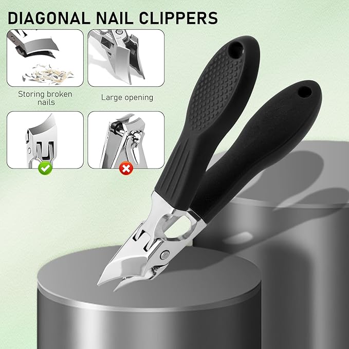 Eagle Beak Beveled Nail Clippers, Wide Jaw Opening Anti-Splash Slanted Nail Clipper Set, Eagle Beak Angled Nail Clippers 3-Piece Set, for Thick and Ingrown Nails (Black)