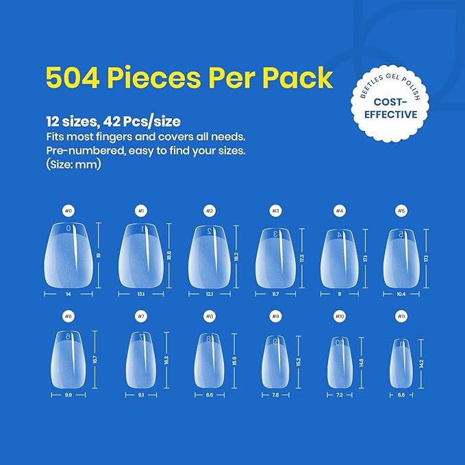 Beetles Gel Nail Kit Etch X Nail Tips 504Pcs Pre Filed Half Matte XS Short Coffin Gel Nail Tips Full Cover False Fake Clear Acrylic Press on Nails