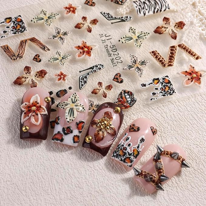 Flower 5D Embossed Nail Art Stickers Decals, 4 Sheets Autumn Winter Brown Hibiscus Flowers Tropical Floral Leopard Print Nail Art Design Self-Adhesive Nail Supplies for Women Girls