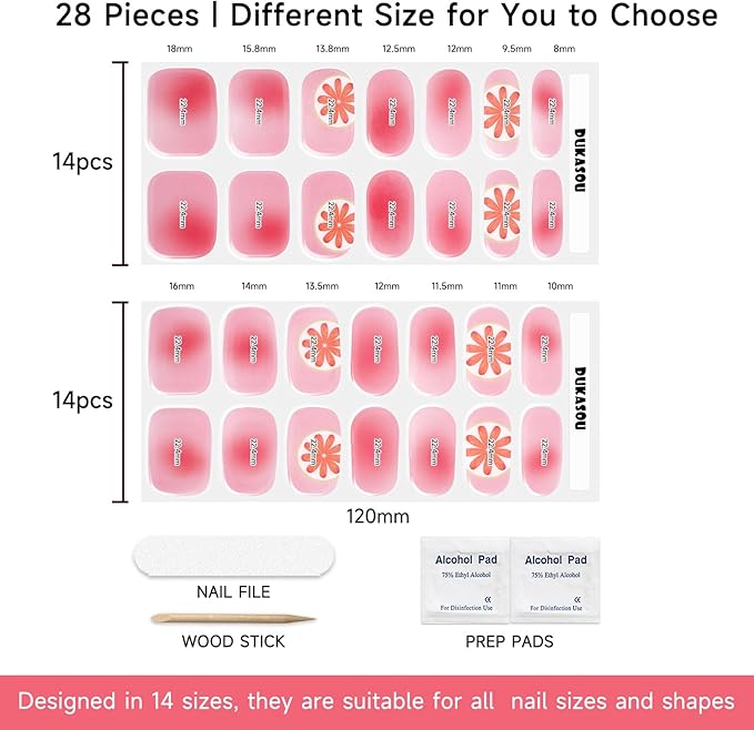 Semi Cured Gel Nails Strips, 28 pcs Gel Nail Stickers Work with Any UV Lamp, Nail Wraps for Women Girls Home DIY Nails Art (Summer Ice Orange)
