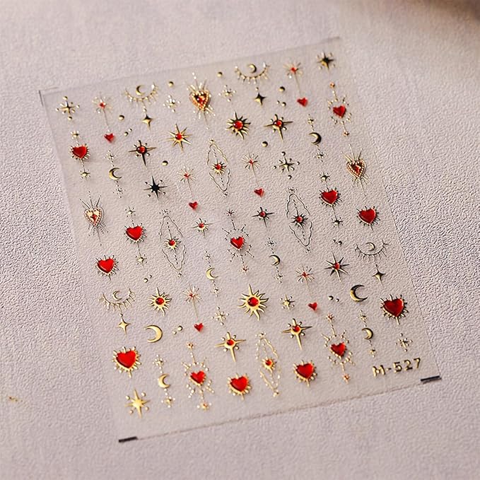 5D Embossed Gold Star Nail Stickers - Red Heart & Moon Nail Art Stickers for Valentine's Day DIY Manicure