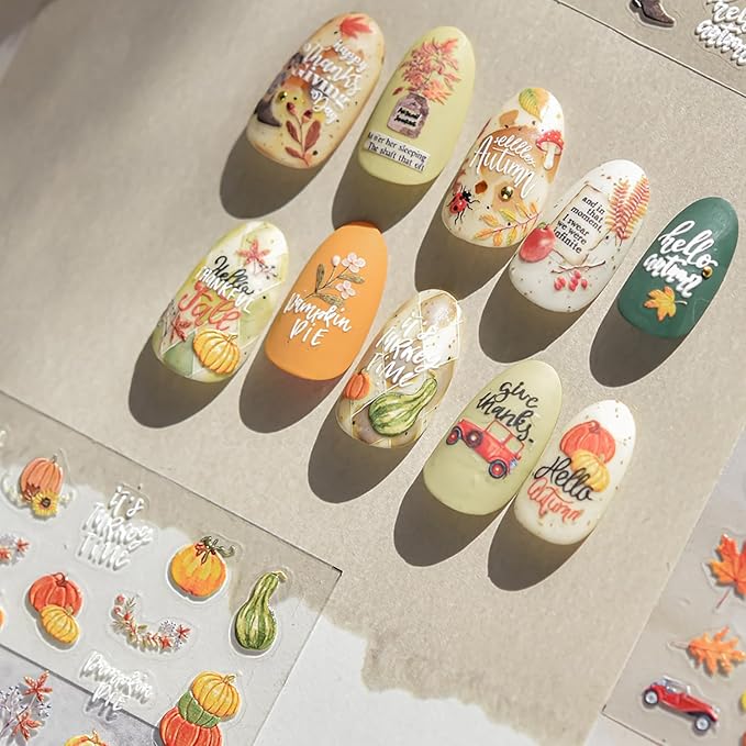 1 Sheets Embossed Pumpkin Nail Decals for Nail Art Thanksgiving Day Fall Nail Stickers 5D Self-Adhesive Autumn Leaf Nail Art Stickers Cute Pumpkins Nail Decal for Women DIY Manicure Decor