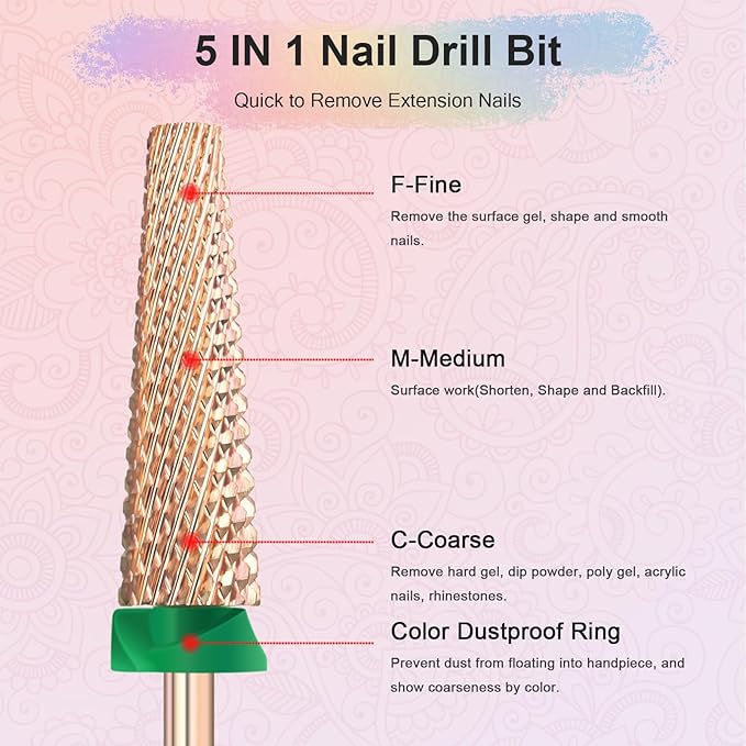 Depvko Super Long 5 in 1 Nail Drill Bits, 3/32'' Carbide Tungsten Bits, Two Way Rotate Professional Advanced Safety Bits for Nail, Fast Remove for Manicure Pedicure (Long 5in1-Rose Gold, Coarse-C)