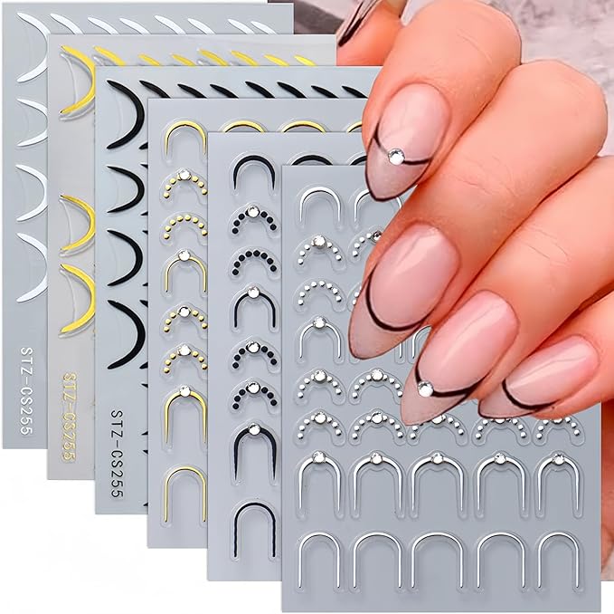 French Tip Nail Stickers for Nail Art 6 Sheets Crystal Diamond Nail Design Decals 3D Self-Adhesive Black Gold Silver French Line Nail Art Stickers Nail Tips Sticker Manicure DIY Decoration for Women