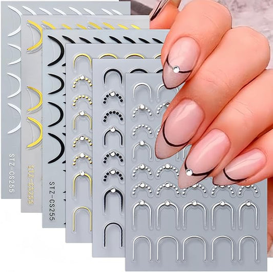 French Tip Nail Stickers for Nail Art 6 Sheets Crystal Diamond Nail Design Decals 3D Self-Adhesive Black Gold Silver French Line Nail Art Stickers Nail Tips Sticker Manicure DIY Decoration for Women