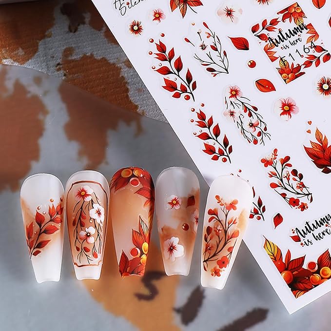 8 Sheets Thanksgiving Nail Art Stickers Decals Fall Maple Leaf Nails Decals Self-Adhesive Autumn Maple Leaves Nails Stickers for Nail Art Pumpkin Decals