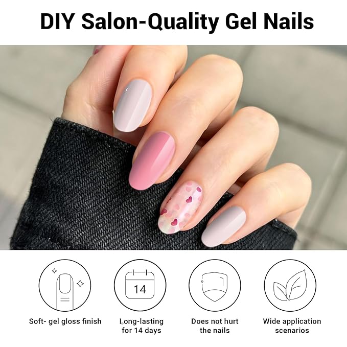 Semi Cured Gel Nail Strips, Love Heart | 28 pcs Gel Nail Strips Work with Any UV Lamp, Salon Quality UV Nails Stickers, Easy to Apply for Home Nails DIY