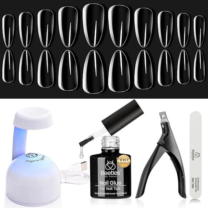 Beetles Gel Nail Kit Clear, Almond Medium, 240pcs 10 Sizes, with 9 in 1 Glue Mini UV&LED Lamp, Fall Nails, Acrylic False Tips Kit Easy Nail Extension Set for Home DIY Salon Gift for Girls