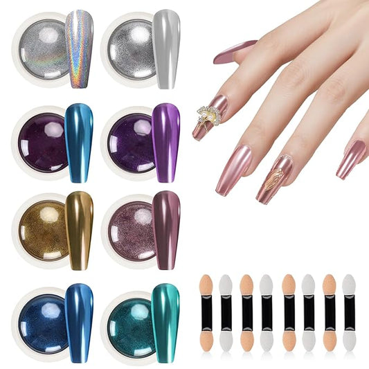 8 Colors Chrome Nail Powder Set Metallic Mirror Effect Holographic Pigment Powder Iridescent Pearlescent Nail Art Decoration for Manicure & Women Gift, 8 Boxes