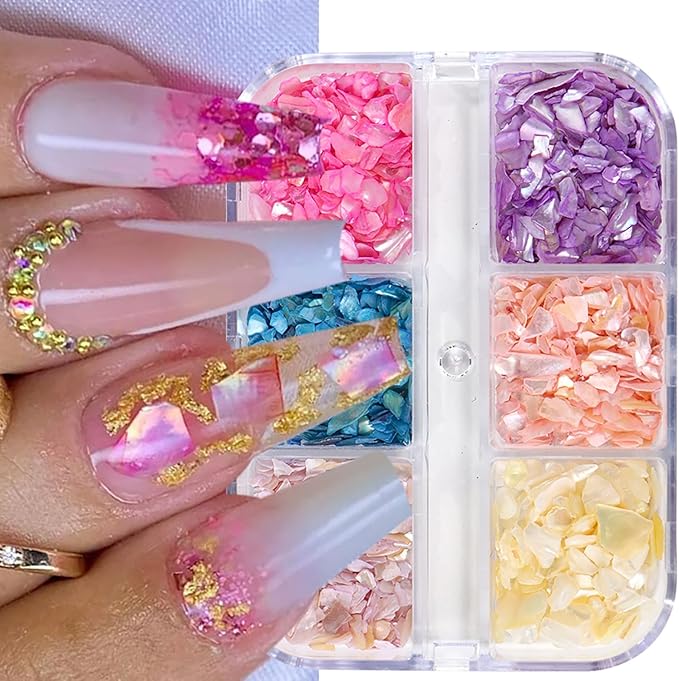 6 Grid Colorful Shell Glitter Sequins Nail Accessories Mix 6 Colors Manicure Shell Nail Art Glitter Flakes 3D Nails Supplies Jewelry Studs Nail Decoration Kit Suitable for Women Sparkly Acrylivc Nail