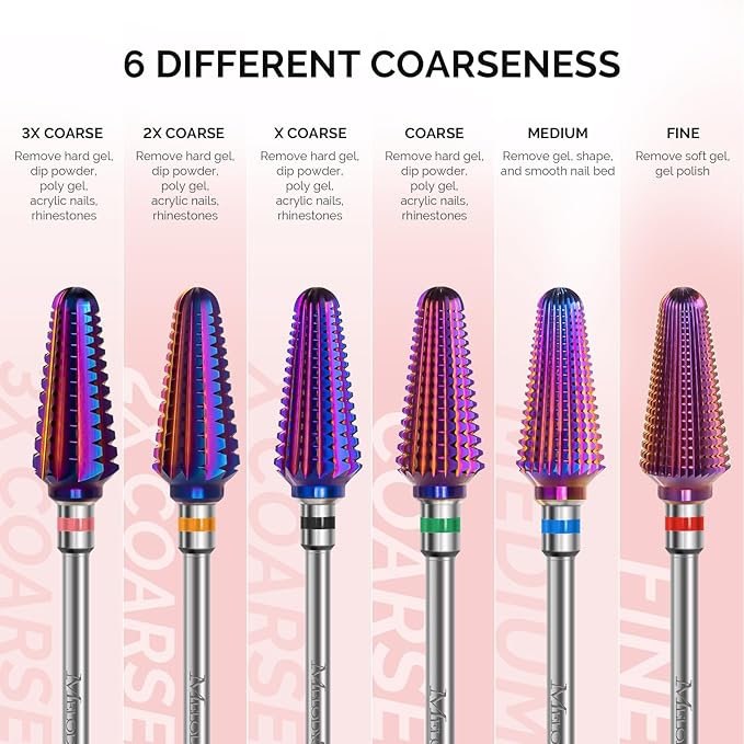 MelodySusie Professional Tornado Nail Drill Bits, 3/32'' Carbide Tungsten Multi-function Bits, Suitable for Manicure Pedicure Cuticle Gel Polishing, Salon Bits, Purple, Series Bit-X, Coarse