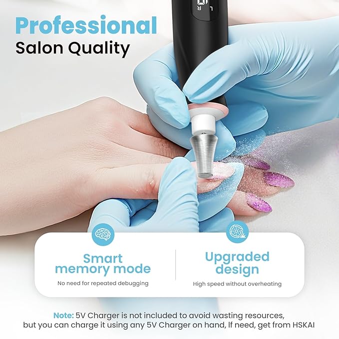 Nail Drill Electric Nail File - Cordless Professional Nail Filer for Manicure and Pedicure, Portable Nail Drill Machine Kit for Acrylic Gel Nails Thick Toenails Nail Grind (Black)