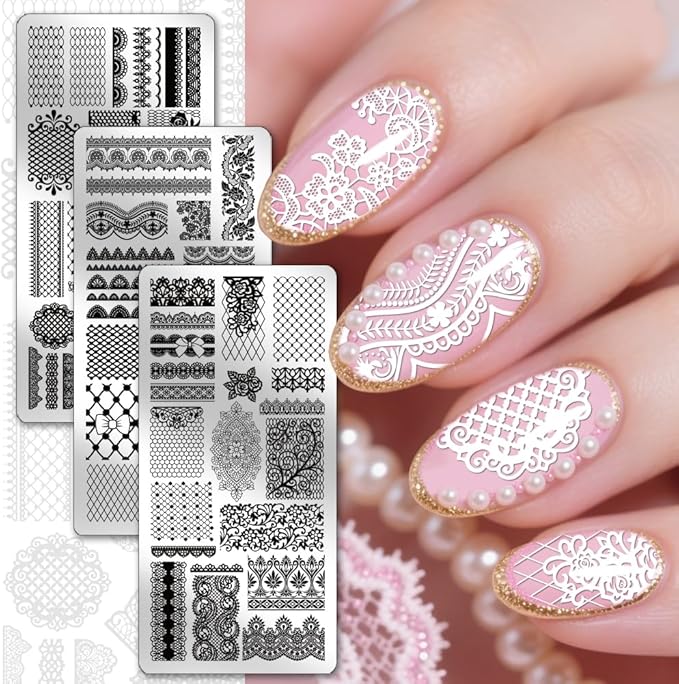 PH PandaHall 3pcs Lace Pattern Nail Stamping Plates Flower Lace Nail Art Templates Retro Laces Border Nails Design Stamp Stainless Steel Nails Image Plates for Women Manicures Salon Design Printing