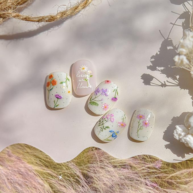 Flowers Nail Art Stickers for Acrylic Nails Colorful Flower Nail Decals 5D Embossed Self Adhesive Daisy Nail Sticker with Butterfly Designs Nail Stickers Spring Cute Floral Nail Decal for Women