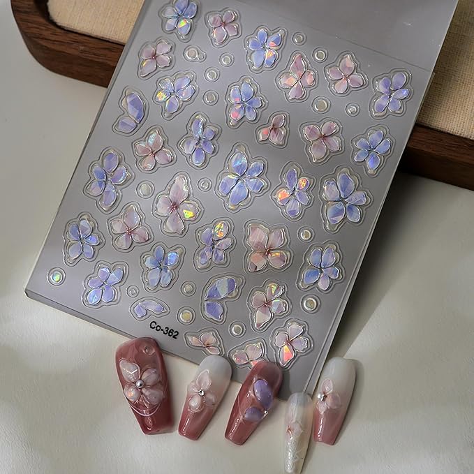 Flower Nail Art Stickers Decals 5D Embossed Flowers Nail Decals Shiny Five-Petaled Floral Shell Light Spring Summer Nail Design Floral Foil Adhesive Decals for DIY Manicure Decorations Accessories