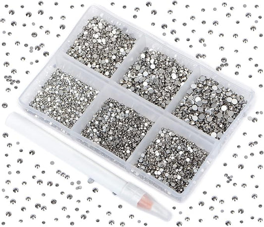 Bymitel 7200 Pieces 6 Mixed Sizes Glue Fix on Glass Rhinestones Round Crystal Gems Flatback for DIY Jewelry Making with one Picking Pen(6-Sizes 7200PCS, Jet Hematite)