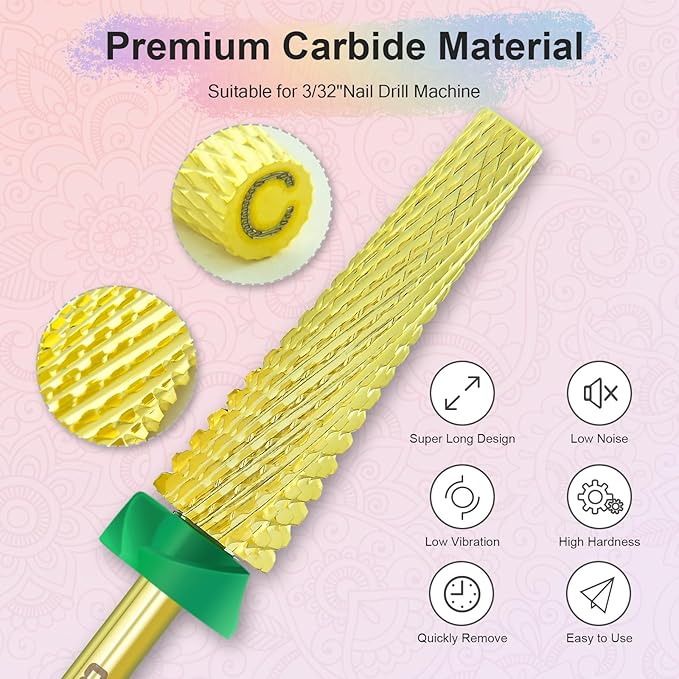 Depvko Super Long 5 in 1 Nail Drill Bits, 3/32'' Carbide Tungsten Bits, Two Way Rotate Professional Advanced Safety Bits for Nail, Fast Remove for Manicure Pedicure (Long 5in1-Gold, Coarse-C)