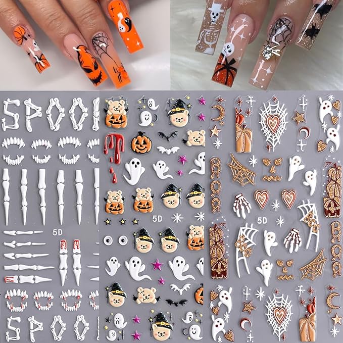 3 Sheets Halloween 5D Embossed Nail Art Stickers Cute Ghost Spider Wed Nail Decals Self Adhesive Gothic Pumpkin Skull Nail Stickers Glitter Gold Nail Design Decals Holiday Nail Decoration for Women