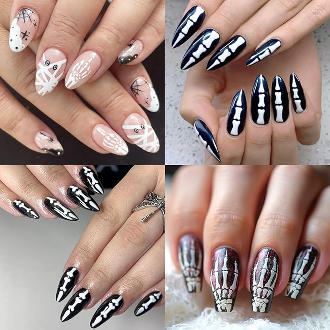 2 Sheets Halloween White Skeleton Bones Nail Art Stickers 5D Embossed Finger Skull Nail Stickers Design Self-Adhesive Skeleton Fingers Nail Decals for Women DIY Halloween Party Nails Decorations
