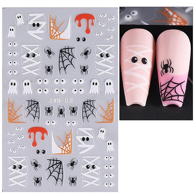 4 Sheet Halloween Nail Stickers 5D Embossed Nail Art Stickers Decals with Spider Web Pumpkin Design Ghost Mummy Nail Stickers for Nail Art Self-Adhesive Nails Supplies for Women Manicure Decor