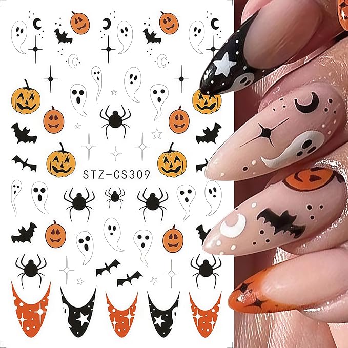 6 Sheets Ghost Nail Stickers for Nail Art, Halloween Nail Decals 3D Self-Adhesive Flower and Spooky Ghost Fall Stickers Design French Tip Nails Sticker Halloween DIY Manicure Decoration for Women