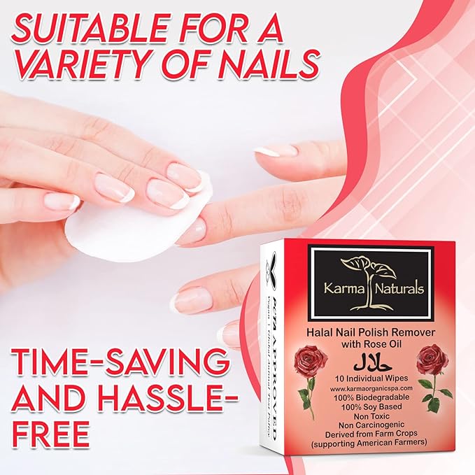 Karma Halal Nail Polish Remover Wipes with Rose Oil; Non-Toxic, Vegan, Cruelty-Free – Pack of 10