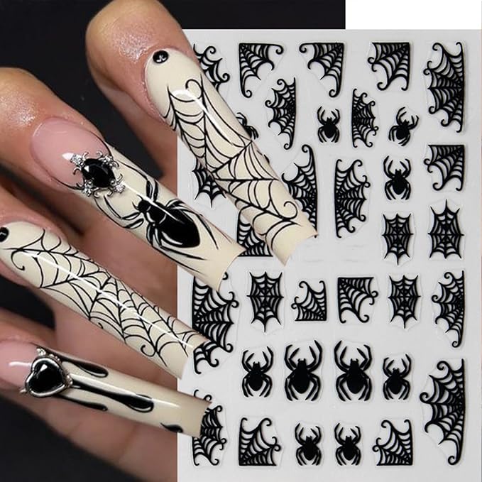5 Sheets Halloween Nails Stickers Spider Wed Nails Art Stickers 3D Self-Adhesive Supplies Nail Decal with Spider Bat Love Design Nail Sticker for Nail Art Women's DIY Decoration